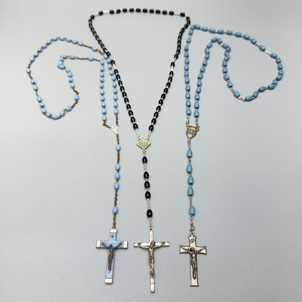 Vintage Rosary Necklace Lot of 3 Blue Black Beads 40" Catholic Prayer  2 Italian